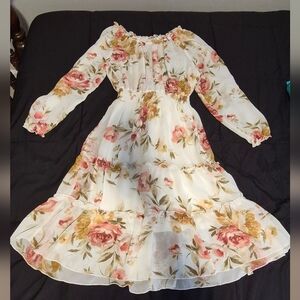 Enfocus Studio Floral Peasant Feminine Flowy Dress with Sheer Collar